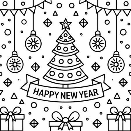 Line art Happy New Year illustration with Christmas tree, ornaments, and gifts.の素材