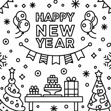 Happy New Year line art illustration with festive elements.の素材