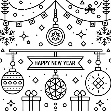 Happy New Year line art design with ornaments and gifts.の素材