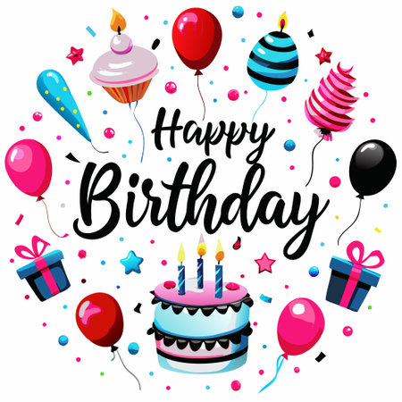 Festive Happy Birthday design with cake, balloons, and gifts.の素材