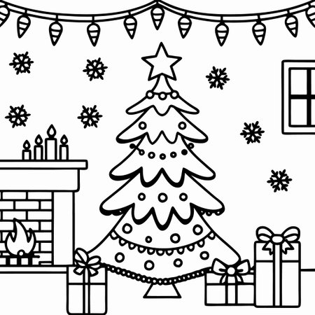 Christmas tree, fireplace, gifts, snow, lights, coloring page.の素材
