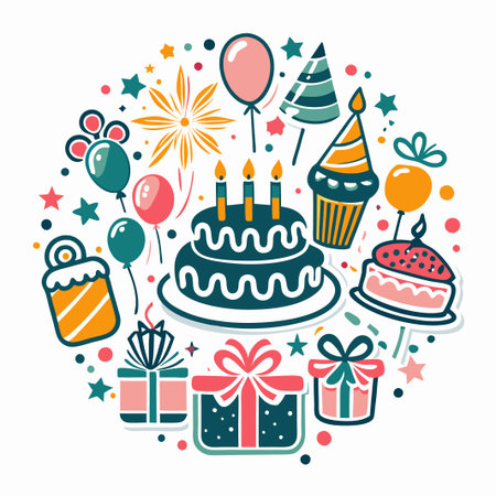 Festive birthday party elements in a circle.の素材