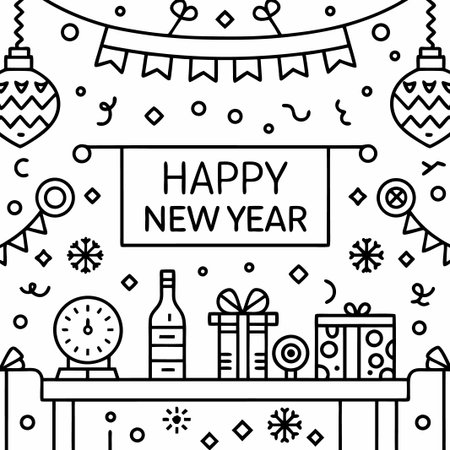 Line art Happy New Year celebration scene with gifts, wine, and party decorations.の素材