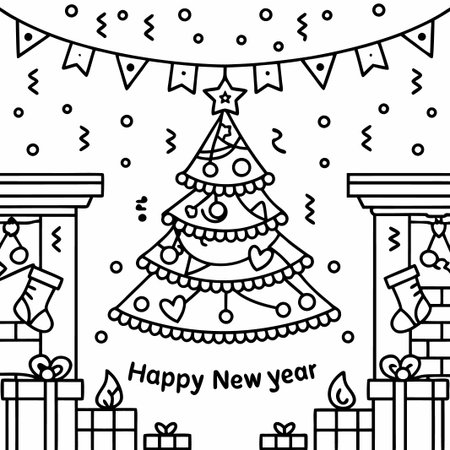 Festive New Year&#39;s illustration with Christmas tree, fireplace, and gifts.の素材