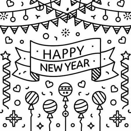 Happy New Year line art design with festive elements.の素材