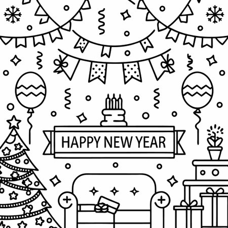 Happy New Year line art illustration with party decorations, presents, and a Christmas tree.の素材