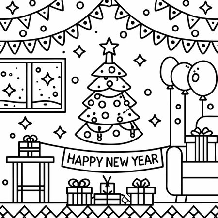 Simple line art illustration of a Happy New Year scene with a Christmas tree, gifts, balloons, and decorations.の素材