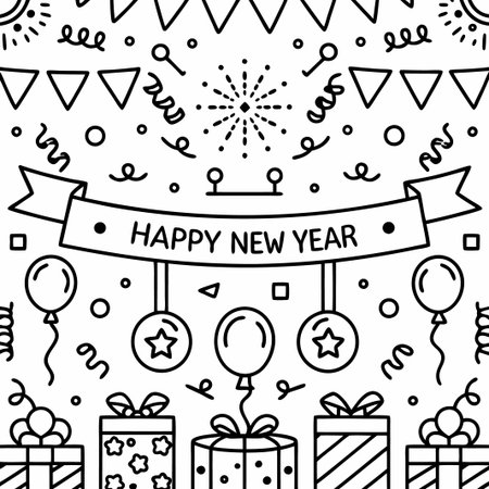 Happy New Year line art design with festive elements. (1)の素材
