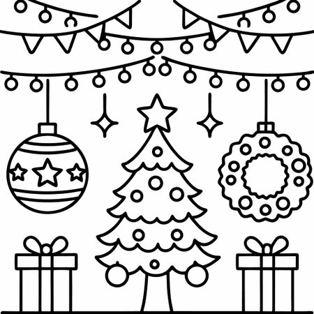 Festive Christmas line art with tree, ornaments, gifts, and garlands.の素材