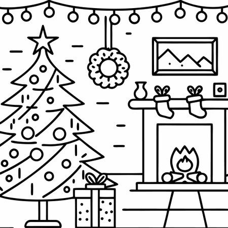 Cozy Christmas living room, fireplace, tree, gifts, line art.の素材