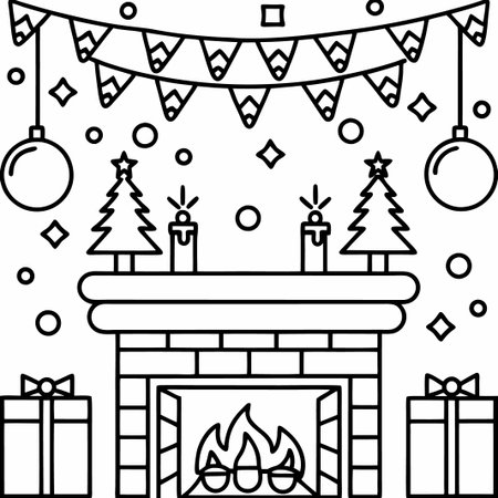 Festive fireplace with Christmas decor, gifts, and candles.の素材