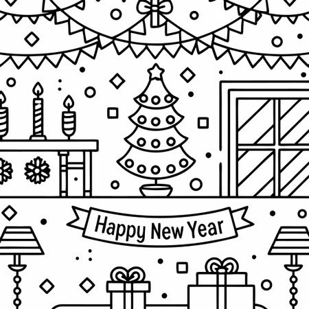 Line art Happy New Year scene with Christmas tree, candles, gifts, and decorations.の素材