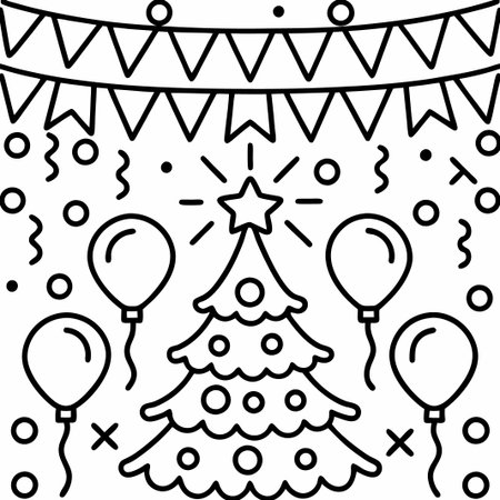 Festive Christmas tree with balloons and confetti.の素材