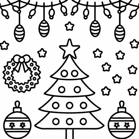 Christmas tree, ornaments, lights, wreath coloring page.の素材