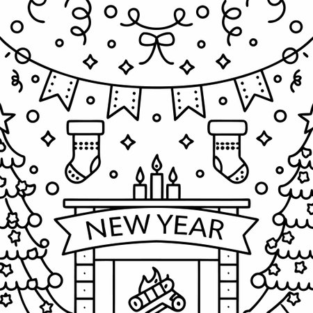 Line art New Year&#39;s illustration with fireplace, stockings, and festive decorations.の素材