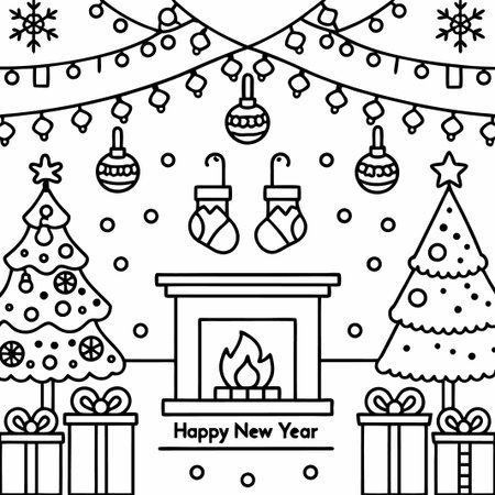 Happy New Year fireplace scene with Christmas trees, gifts, and ornaments.の素材