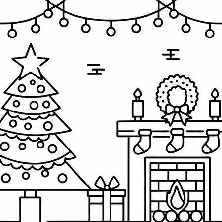 Line art Christmas scene with tree, fireplace, and decorations.の素材