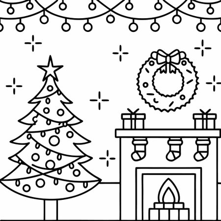 Christmas tree, fireplace, wreath, gifts, and lights.の素材