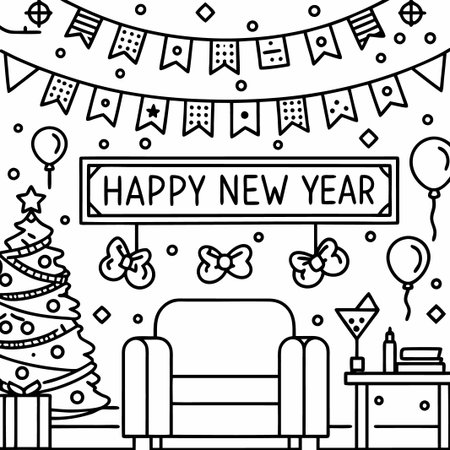 Happy New Year&#39;s Eve party room line art illustration. (1)の素材