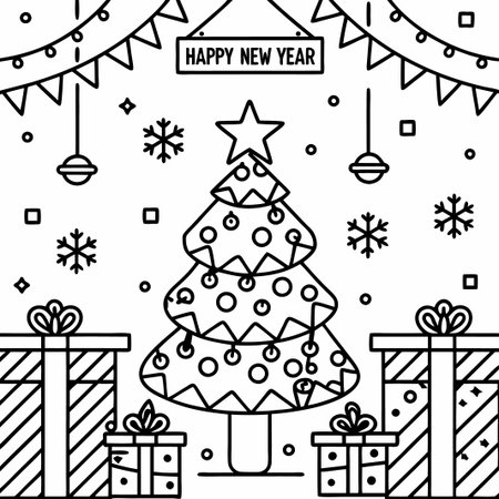 Line art illustration of a decorated Christmas tree with gifts and New Year&#39;s decorations.の素材