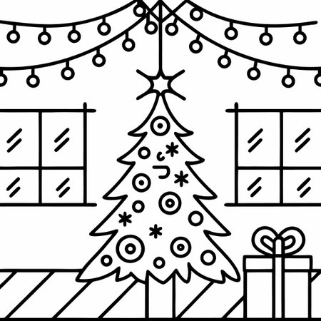 Simple line art Christmas tree with ornaments and gift.の素材