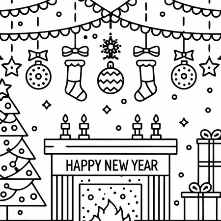 Line art illustration of a fireplace with Christmas decorations and Happy New Year text.の素材