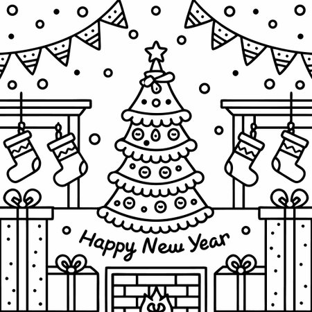 Festive New Year&#39;s illustration with Christmas tree, fireplace, gifts, and stockings.の素材
