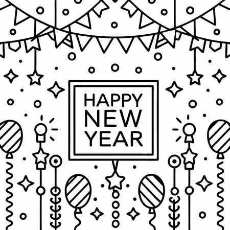 Happy New Year minimalist line art design with party decorations.の素材