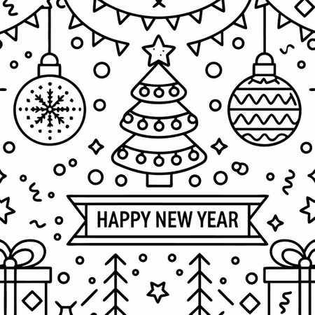 Happy New Year line art design with ornaments, tree, and gifts.の素材