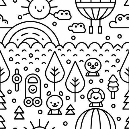 Seamless pattern with cute animals, hot air balloon, rainbow, sun and trees.の素材