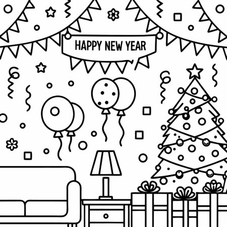 Line art New Year&#39;s Eve party scene.の素材