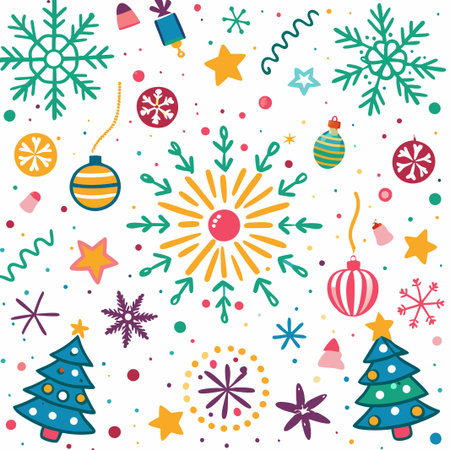 Festive Christmas and New Year pattern with colorful ornaments, snowflakes, and stars.の素材