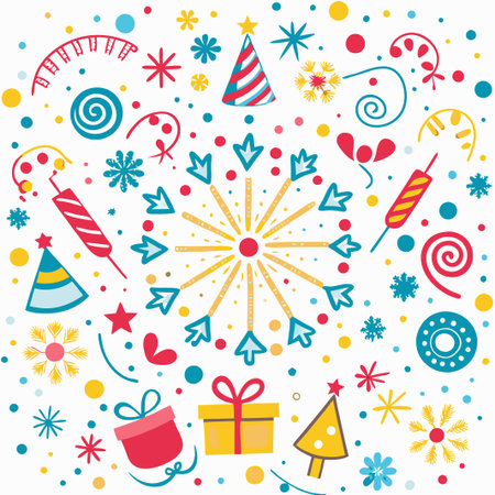 Festive celebration background with fireworks, gifts, and party elements.の素材