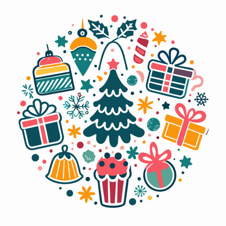 Colorful Christmas elements arranged in a circle.の素材