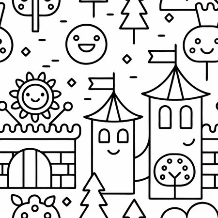 Seamless pattern of cute cartoon castle, trees, sun and flowers.の素材