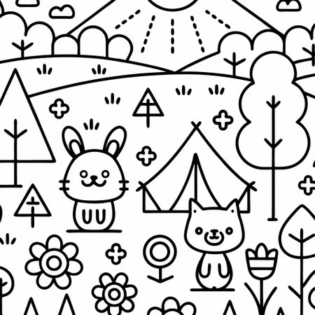 Cute bunny and dog camping in a line art illustration.の素材