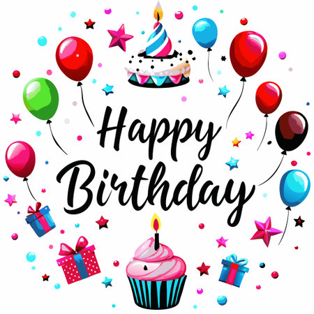 Colorful birthday celebration with cake, balloons, gifts, and confetti.の素材