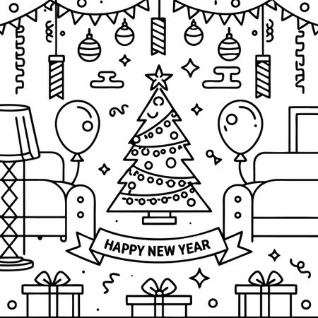 Happy New Year minimalist line art illustration.の素材