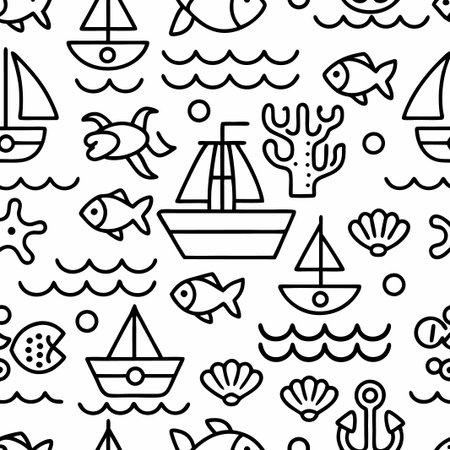 Seamless pattern of nautical line art icons. (1)の素材