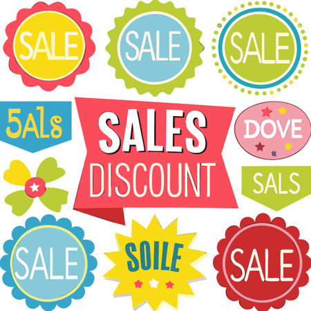 Colorful sale tags and banners for discount promotions.の素材