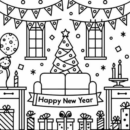 Festive New Year&#39;s Eve living room scene with gifts, tree, and decorations.の素材