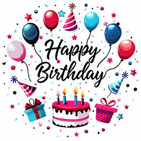 Festive birthday cake with balloons, gifts, and confetti.の素材