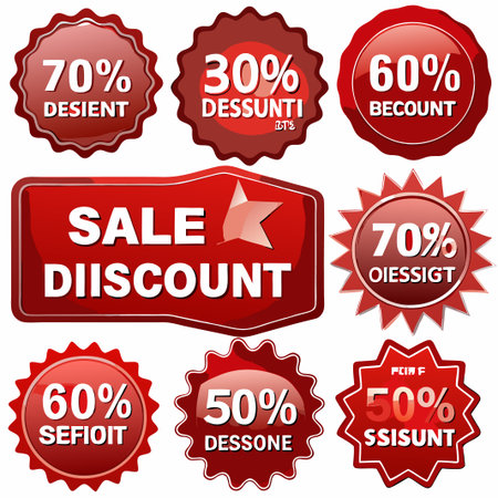 Nine red glossy sale discount percentage labels.の素材