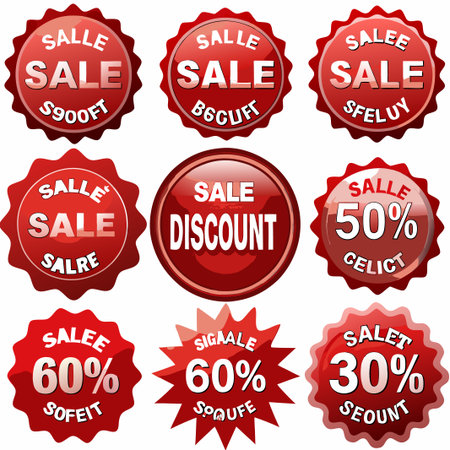 Nine red sale discount labels with percentage off and dollar amounts.の素材