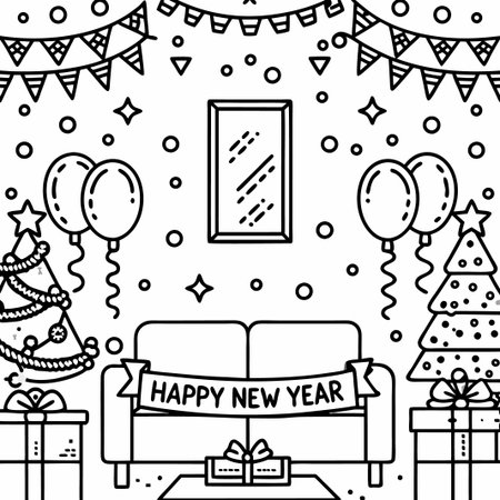 Happy New Year living room scene with couch, Christmas trees, balloons, and gifts.の素材