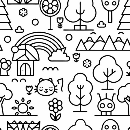 Seamless pattern with cute line art nature elements.の素材
