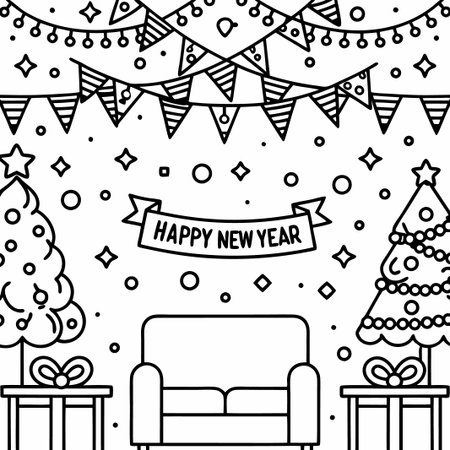 Line art New Year&#39;s Eve party scene with couch, trees, and gifts.の素材