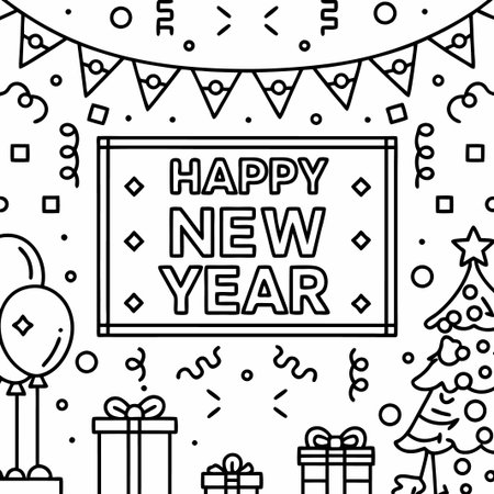 Happy New Year line art design with balloons, gifts, and confetti.の素材