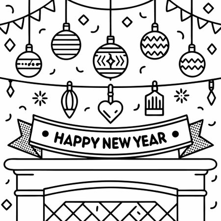Happy New Year banner with ornaments and fireplace.の素材
