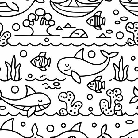 Seamless pattern with cute cartoon whales, fish, and coral.の素材